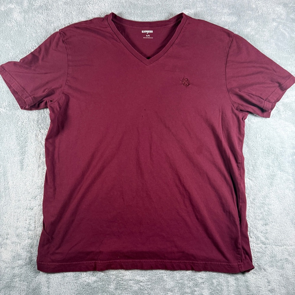 Express Mens V-Neck T-Shirt XL Maroon Burgundy Cotton Short Sleeve Lion Logo